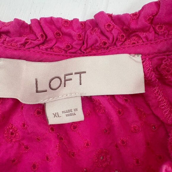 Loft Women's Pink Embroidered Cotton Top XL Eyelet Short Sleeves - Picture 2 of 5